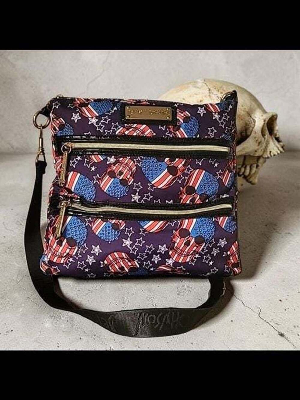 Betsey Johnson Patriotic American Flag Skull Crossbody Bag